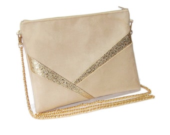 Wedding clutch, evening clutch, beige faux leather gold sequins gold graphic line - After the Beach