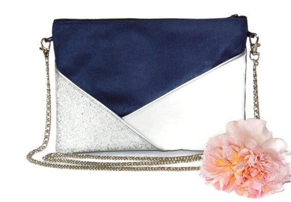 Pochette mariage, pochette de soirée, sac suédine bleu marine