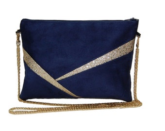 Pochette de soirée bleu marine paillettes dorées, ligne graphique dorée - Sac bleu et doré - Après la Plage