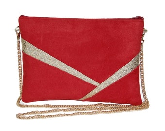 Pochette rouge et dorée , pochette de soirée, sac rouge et or, simili cuir paillettes dorées - Cadeau Noël - Après la Plage