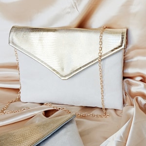 Wedding clutch, evening clutch, ecru and gold - Envelope clutch, handbag -Suede/Faux leather Ceremony witness gift After the Beach