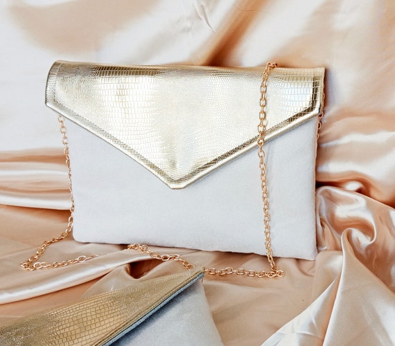 Hochzeits-Clutch, Abend-Clutch, Ecru und Gold – Umschlag-Clutch