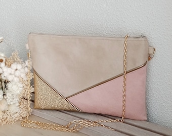 Pochette mariage, pochette de soirée, beige rose poudré doré paillettes- Sac soirée, cadeau femme - Après la Plage