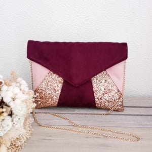Abend-Clutch, Hochzeits-Clutch, Puderrosa, Burgunderrot, Kunstleder, Roségold, Glitzer, Umschlag-Clutch, Handtasche, Zeuge nach dem Strand