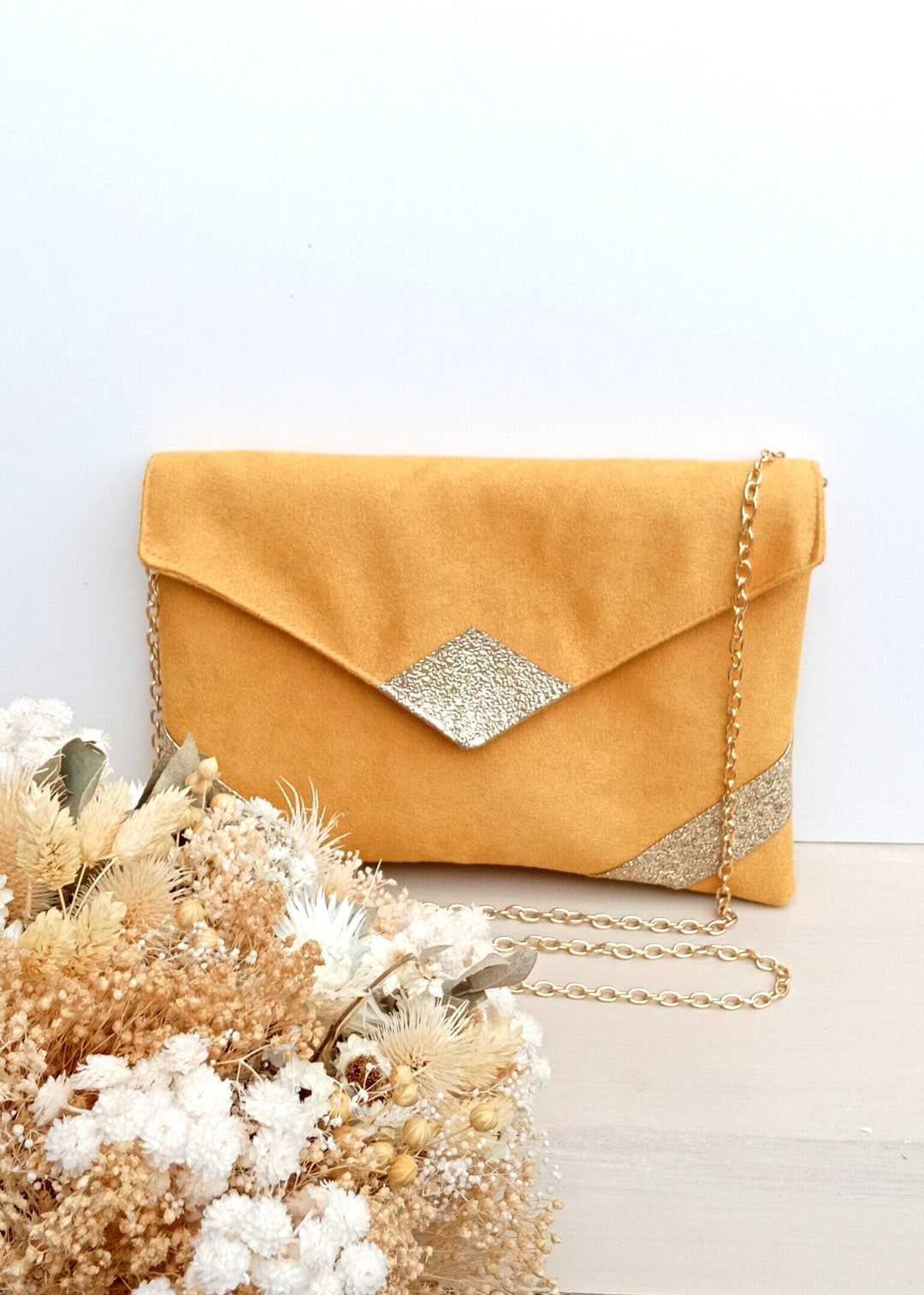 Pochette mariage, pochette soirée, jaune moutarde doré paillettes