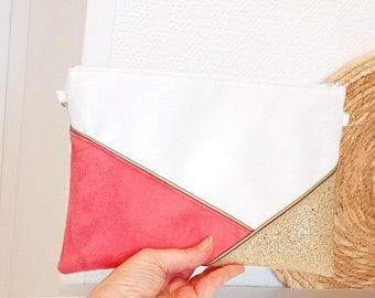 Wedding clutch evening bag white pink coral gold sequins (faux leather, suede) Bridesmaid witness gift After the Beach