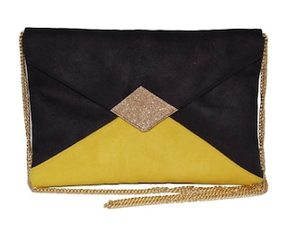 Wedding pouch, evening pouch, envelope Pouch Black lemon yellow, imitation leather gold glitter-after the beach