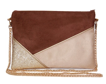 Wedding clutch, evening clutch, sand beige camel bag, gold glitter faux leather - After the Beach