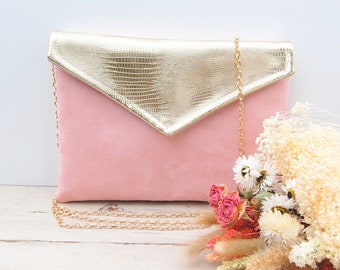 Wedding pouch, evening pouch powder pink envelope, old pink, gold - Handbag - Gift witness, ceremony - After the Beach