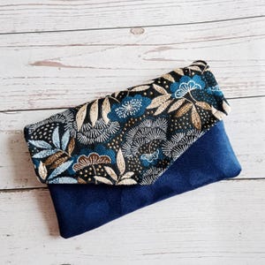Portefeuille compagnon sac porte chéquier pochette bleu simili cuir paillettes doré tissu japonais Sac pochette cadeau Noël Après la Plage