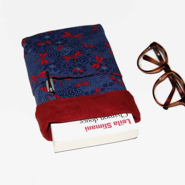 Etui à livre - Housse pour livre motif libellule bleu et rouge - pochette livre format poche et broché -  Cadeau Noël - Après la Plage