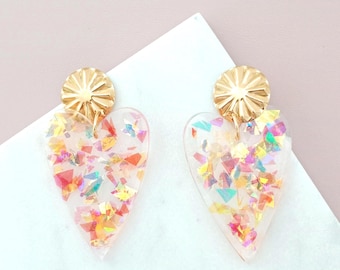 Heart earrings resin multicolor iridescent sequin stainless steel women's jewelry mother's day wedding witness gift After the beach