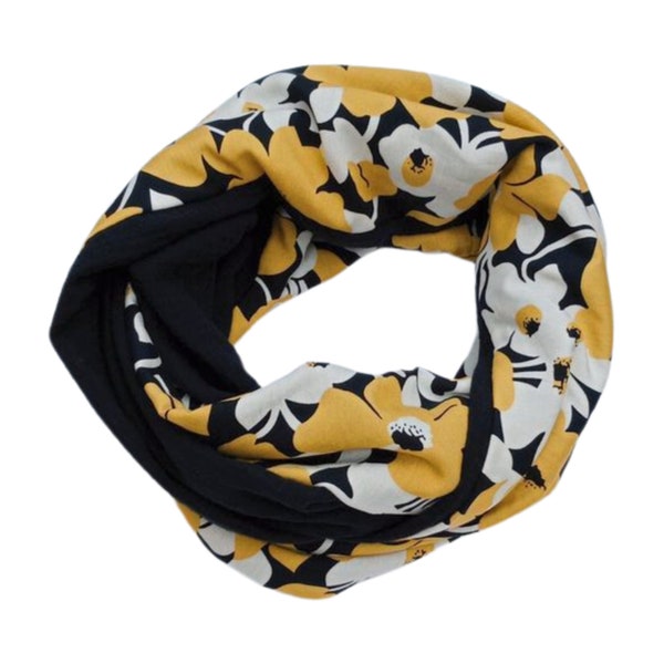 Sciarpa snood da donna giallo nero doppio colletto, sciarpa a tubo, sciarpa a doppio avvolgimento, foulard, scaldacollo floreale in doppia garza di viscosa Dopo la spiaggia