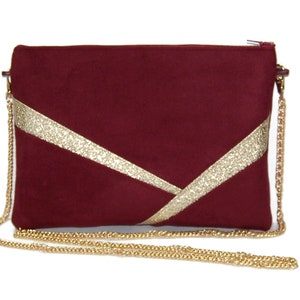 Pochette mariage, sac soirée bordeaux et paillettes dorées - Suédine/Simili cuir - Idée cadeaux - Après la Plage
