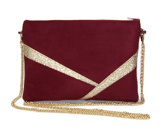 Wedding pouch, burgundy evening bag and golden sequins - Suede/Imitation leather - Gift idea - After the Beach