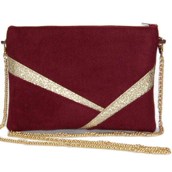 Wedding pouch, burgundy evening bag and golden sequins - Suede/Imitation leather - Gift idea - After the Beach