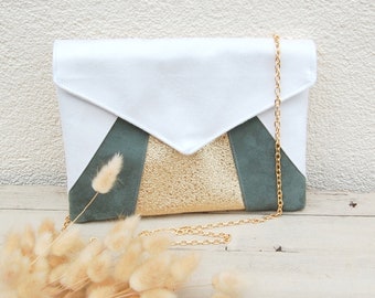 Hochzeits-Clutch, weiße Abend-Clutch, Salbeigrün, goldener Glitzer - Umschlag-Clutch, Handtasche - Zeugengeschenk - After the Beach