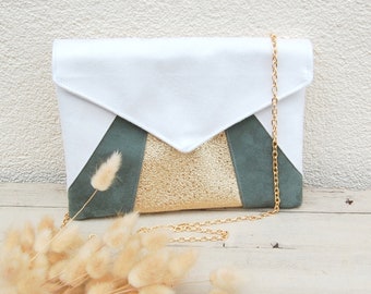 Pochette mariage, pochette soirée blanc, vert sauge, doré paillettes - Pochette enveloppe, sac à main - Cadeau témoin - Après la Plage