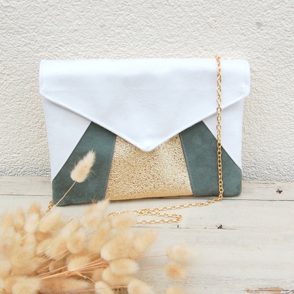 Pochette mariage, pochette soirée blanc, vert sauge, doré paillettes - Pochette enveloppe, sac à main - Cadeau témoin - Après la Plage