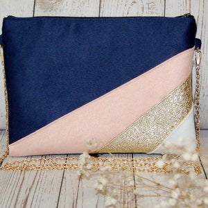 Pochette de soirée, pochette mariage bleu marine, rose poudré, doré, blanc - Idée cadeau pour femme - Après la Plage ©