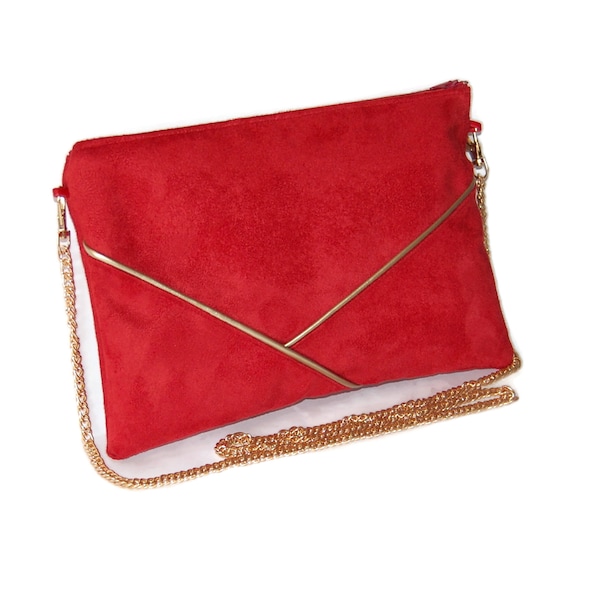 Wedding clutch, evening clutch, handbag, red suede suede, gold graphic lines - After the Beach ©