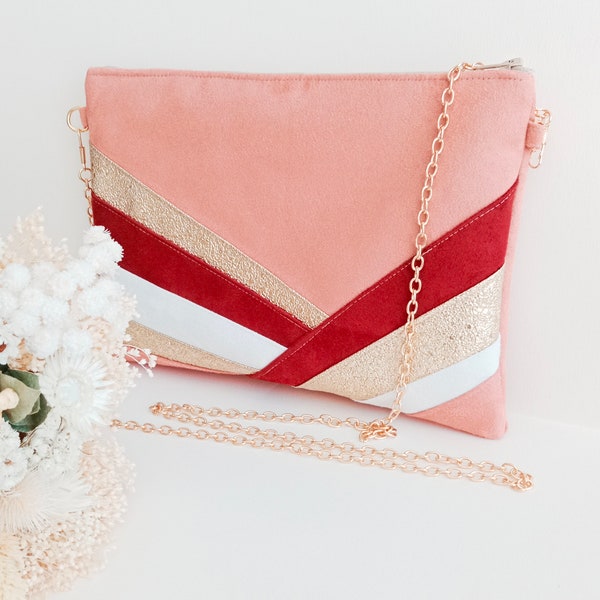 Hochzeits-Clutch, Abendtasche in Rouge-Rosa-Rot-Granat-Weiß-Gold-Wildleder und Kunstleder, Taschen-Clutch im Art-Deco-Stil – After the Beach