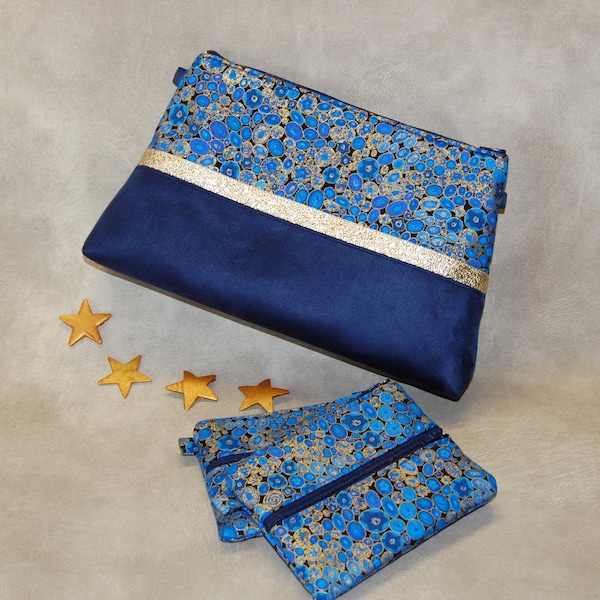 Pochette bleue dorée, pochette de soirée bleue et dorée Gustave Klimt,  pochette originale pour un mariage, une soirée - Après la Plage