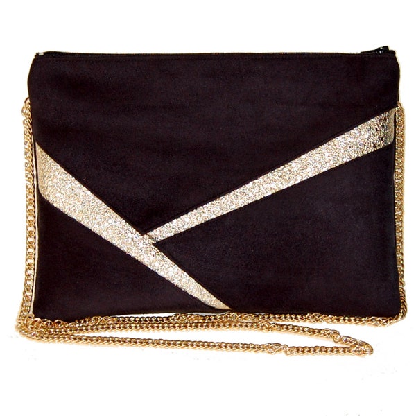 Pochette de soirée, pochette mariage noir simili cuir paillettes dorées  - Cadeau Noël - Après la Plage