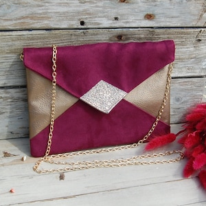 Hochzeits-Clutch, Abend-Clutch, bordeauxrote Umschlag-Clutch, antikes Gold, bronzefarbene Pailletten – Zeugengeschenk, Gast – After the Beach