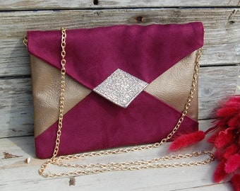 Wedding clutch, evening clutch, burgundy envelope clutch, antique gold, bronze sequins - Witness gift, guest - After the Beach