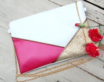 Bolsa de boda, clutch blanco de noche, lentejuelas rosas brillantes y doradas (ante / imitación de cuero) Ceremonia de regalo de testigos - Después de la playa