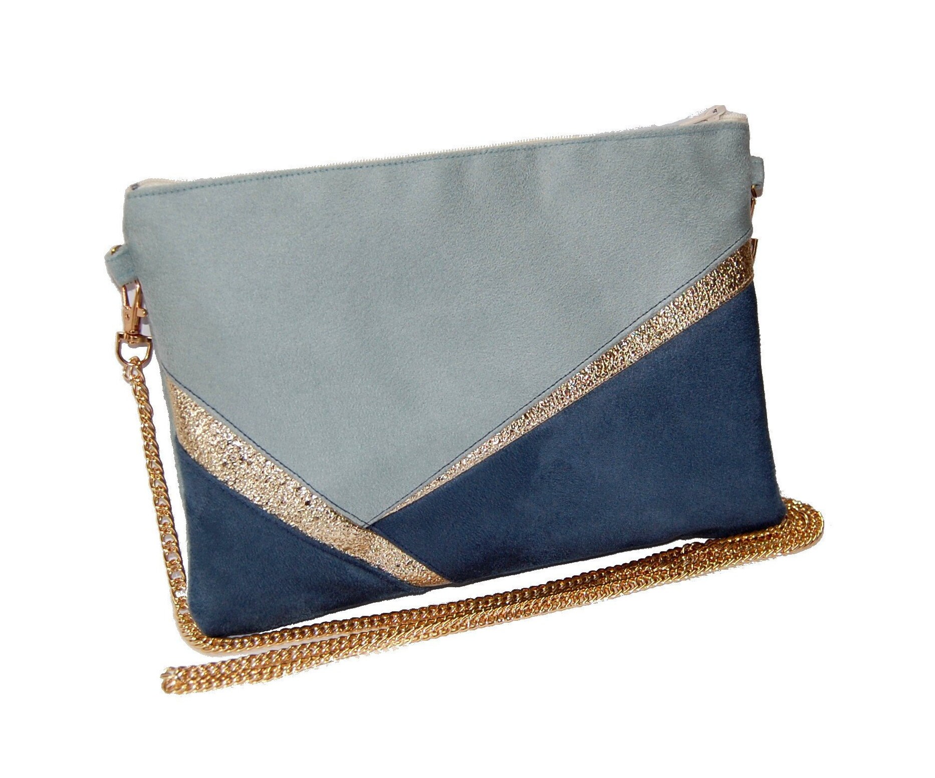 navy and mustard clutch bag