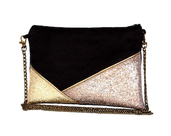 Evening clutch, black suede, gold and bronze glitter imitation leather - Après la Plage ©