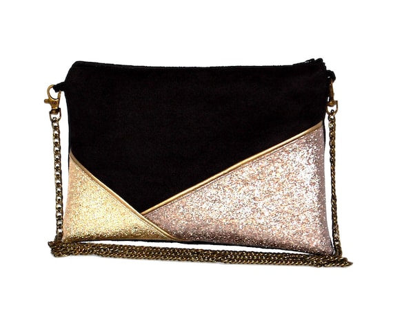 Pochette da sera camoscio nero similpelle glitter oro e bronzo Apres la Plage Etsy Italia