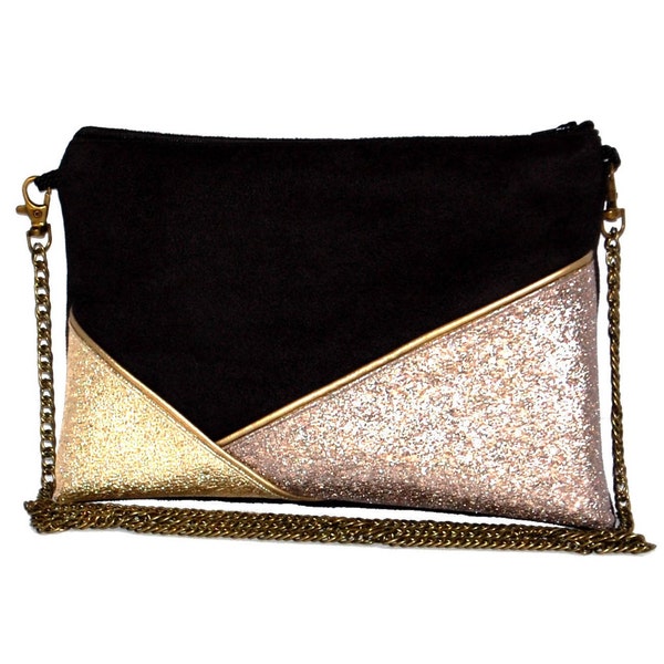 Pochette de soirée, suédine noire simili cuir paillettes doré et bronze - Après la Plage ©