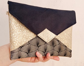 Sacs pochette de soirée, pochette enveloppe noire et doré,  paillette scintillantes  - Cadeau femme, fêtes, Noël, mariage Après la Plage