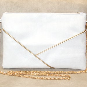 Wedding clutch, evening clutch, handbag, white suede suede, golden graphic lines - Wedding witness gift - After the Beach ©