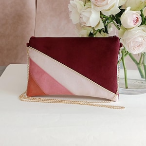 Hochzeitsclutch, Abendtasche, Burgunderrot, Puderrosa, Orange, Gold, Wildleder und Kunstleder-Pailletten, Art-Deco-Clutch - Après la Plage