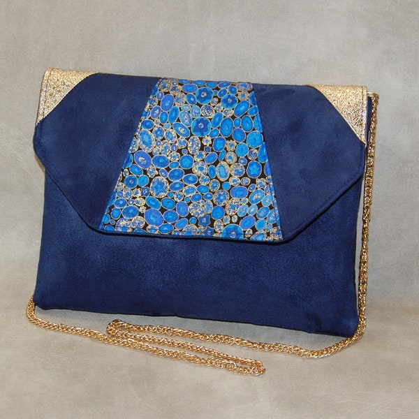 Pochette bleue dorée, pochette de soirée à rabat Gustave Klimt,  pochette originale pour un mariage, une soirée - Après la Plage