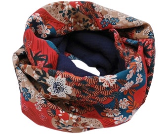 Women's snood, double collar, tube scarf, scarf, neck warmer, double gauze, viscose, navy blue red flowers inspired by Japan - After the Beach