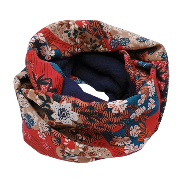 Snood femme, double col, écharpe tube,foulard ,tour de cou,double gaze, viscose, fleurs rouge bleu marine inspiration Japon - Après la Plage