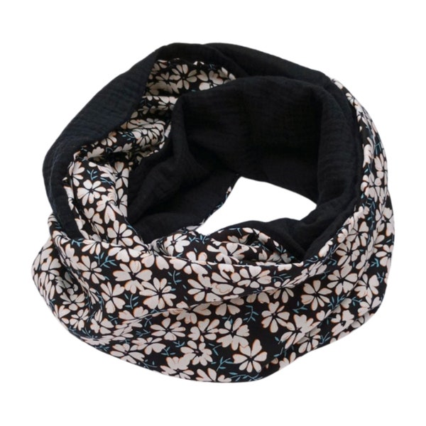 Snood da donna, doppio colletto, sciarpa a tubo, sciarpa, scaldacollo, doppia garza, viscosa, fiore bianco e nero Regalo donna - After the Beach