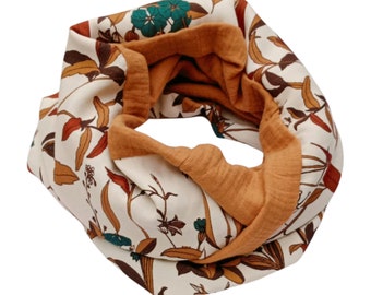 Snood femme, double col, écharpe tube ,foulard ,tour de cou,double gaze, viscose, fleurs écru camel  Cadeau femme - Après la Plage