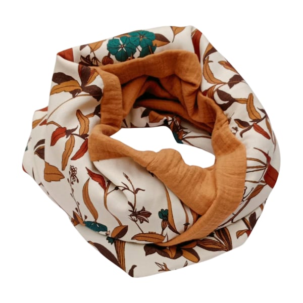 Snood femme, double col, écharpe tube ,foulard ,tour de cou,double gaze, viscose, fleurs écru camel  Cadeau femme - Après la Plage