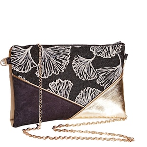 Wedding clutch bag evening bag, ginkgo black suede faux gold leather, woman gift, ceremony, witness, After the Beach parties ©