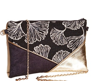 Pochette mariage sac de soirée, ginkgo suédine noire simili cuir doré , cadeau femme, cérémonie, témoin, fêtes Après la Plage ©