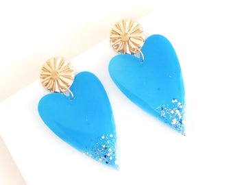 Heart earrings transparent blue resin glitter stainless steel women's jewelry party wedding witness gift After the beach