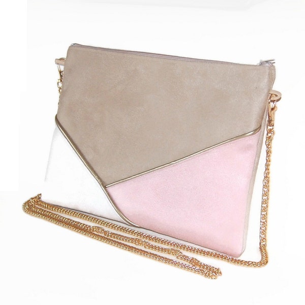 Wedding pouch, evening clutch, beige sand bag, off-white ecru, powder pink blush - Golden graphic lines - After the Beach