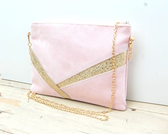 Pochette mariage rose pastel et doré, pochette soirée, simili cuir paillettes dorées - Sac soirée, pochette témoin - Après la Plage