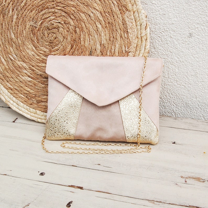 Pochette mariage, pochette soirée, beige doré paillettes Pochette enveloppe, sac à main Après la Plage © image 1